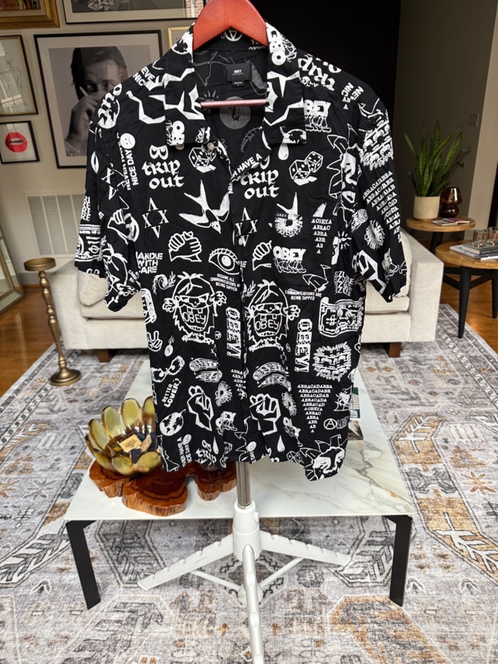 Obey Black & White Allover Graphic Camp Shirt